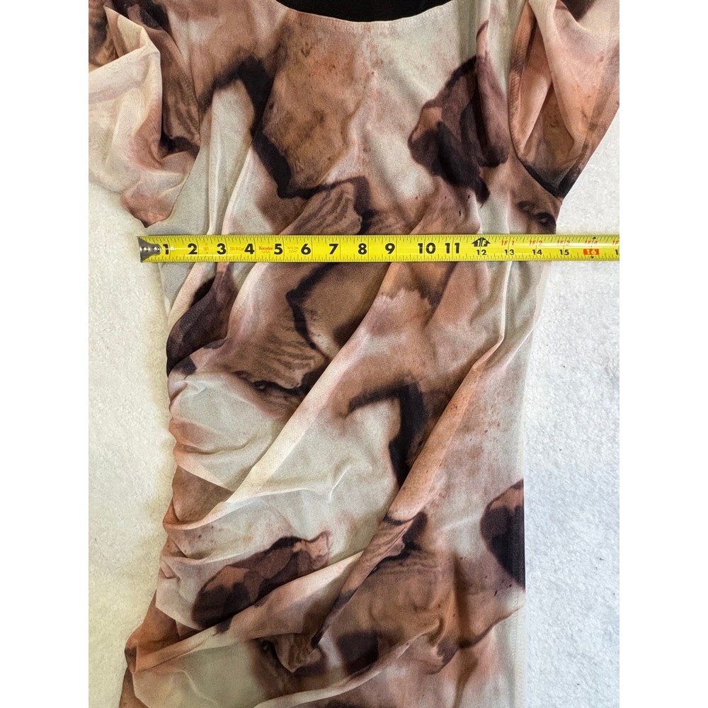 SHEIN Brown Marble Print Mesh Ruched Bodycon Maxi Dress Long Sleeve XL 12