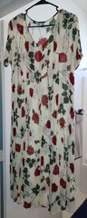 Cera Floral Sheer Midi Button Dress Tie Back Short Sleeve Ivory Red Medium