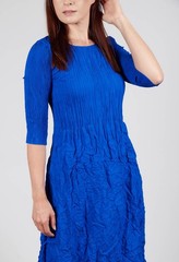 Alquema 3/4 Sleeve Smash Pocket Midi Dress Crinkle Pleated Lagenlook NEW Sz 2 L