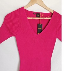 Hugo Boss Dress C Fargheritina Ribbed Knit V Neck Midi Short Sleeve Pink S New