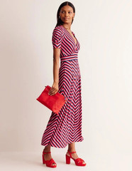 BODEN Kristen Pleated Jersey Dress Strawberry Sherbet Geometric Birdie Print 6R