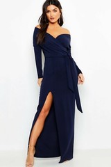 boohoo off shoulder maxi dress UK 8 womens ladies tie waist navy blue side slit