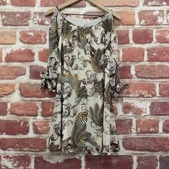 Tyche Dress Womens Medium Cream Multicolor Boho Bird Feather Pattern Popover