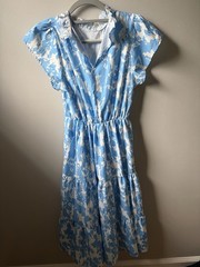 SunaayUP Blue/White Cloud Print Ruffle V-Neck Cap Sleeve Midi Dress S