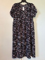 NWT LOFT Pearl Print Black Floral Puff Sleeve Midi Dress Size XL