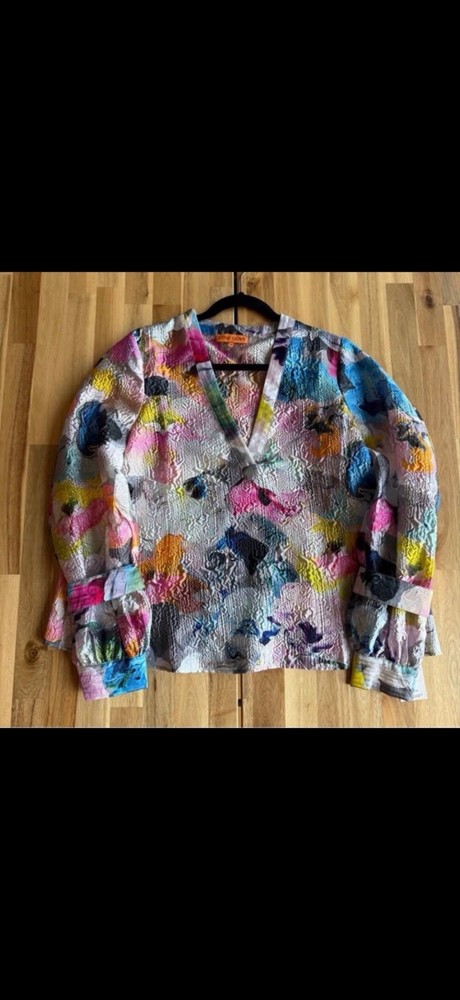 Stine Goya Nandya Printed Cloque Blouse Multicolor Abstract V-Neck Sz M