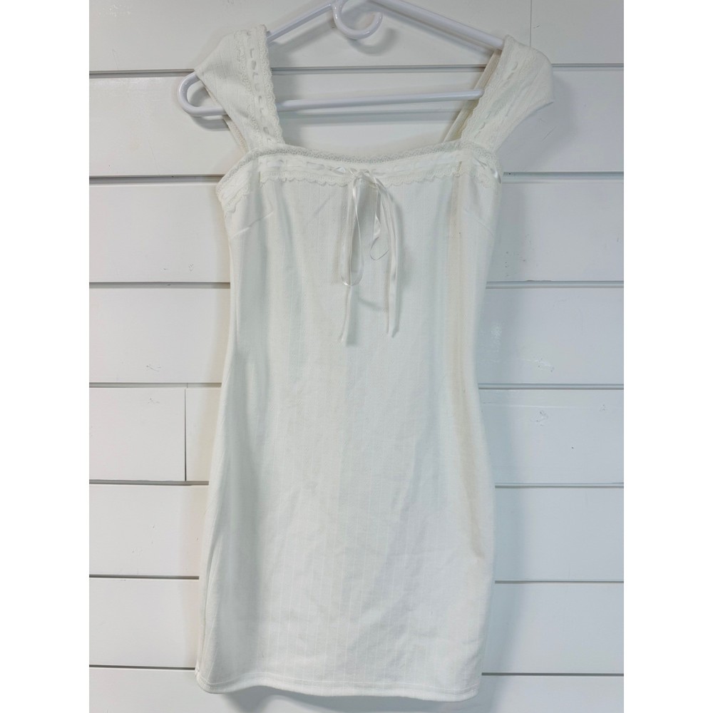 Forever 21 White Pointelle Lace Trim Ribbon Mini Dress Cottagecore Size M