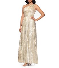 Betsy & Adam Champagne Gold Metallic Floral One-Shoulder Gown Size 12 $278