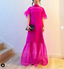 Modern Womens Pink Sheer Organza Gown with Ruffle Hem High Neck Weddings Parties