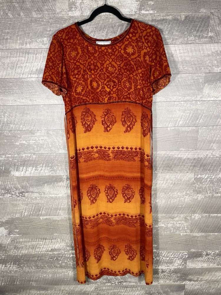 VTG Tribal Aztec Orange Boho Bleach Splatter Dress Size 8 Hippie Grunge Festival