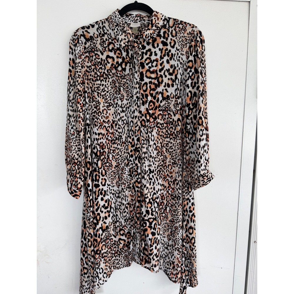 Cupio Leopard Print Roll Tab Sleeve Button Down Shirt Dress Tan Black Medium