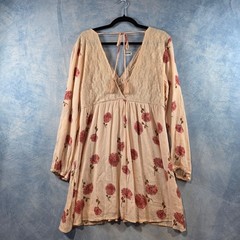 En Creme Floral Lace Boho Mini Dress XL Peach Pink Long Sleeve Crochet V-Neck
