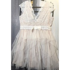 Fairycore Lace Tulle Dress XL Blush Nude Tiered Mesh Ruffle Romantic Formal