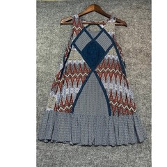 Boho Mixed Print Lace Accent Sleeveless Mini Dress Blue Red Geometric Trapeze