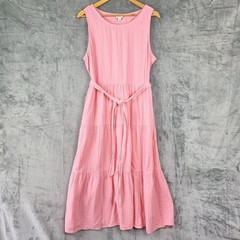 J Crew Dress 14 Pink Midi Pockets Belted Gauze Tiered Cottage Boho Beach Prairie