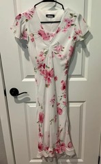 READ! Vintage 90s Cottagecore White & Pink Floral Flutter Sleeve Midi Dress