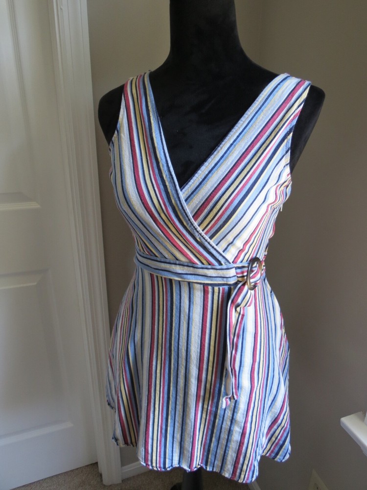 XTRAORDINARY MULTI COLOR LINEN BLEND STRIPED V NECK/BACK DRESS-SIZE XS