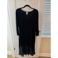 Chico&rsquo;s Size 2 Black Rhinestone Midi Dress Sheer Ruffle Hem Stretch