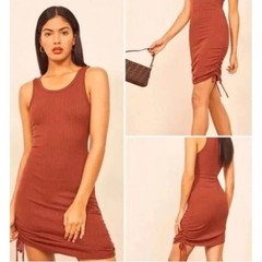 Reformation Bodycon Tank Dress Aerin Side Ruched Ties Size S‎ Rust Tight Knit