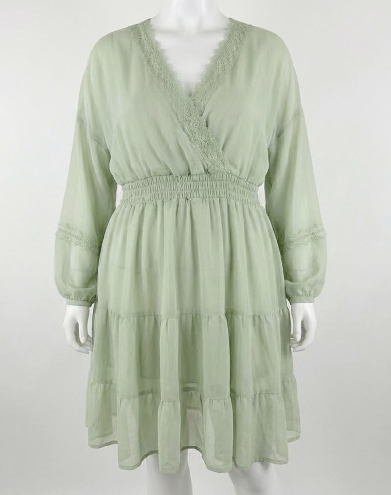 ASOS Dress Plus 18 Green Sheer Chiffon V Neck Smocked Tiered Coquette UNLINED