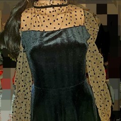 Black Velvet Fit & Flare Mini Dress Sheer Heart Print Mesh Sleeves High Neck S