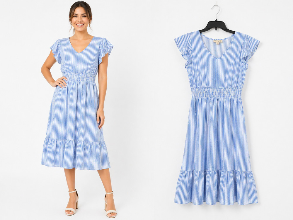 New Maison Jules Cotton Dress Size Large Blue Stripe Casual Midi Summer