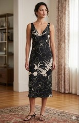 NWOT Max Mara Pura Seta IT 42 Black Tan Floral 100% Silk Crepe Midi Dress US 8