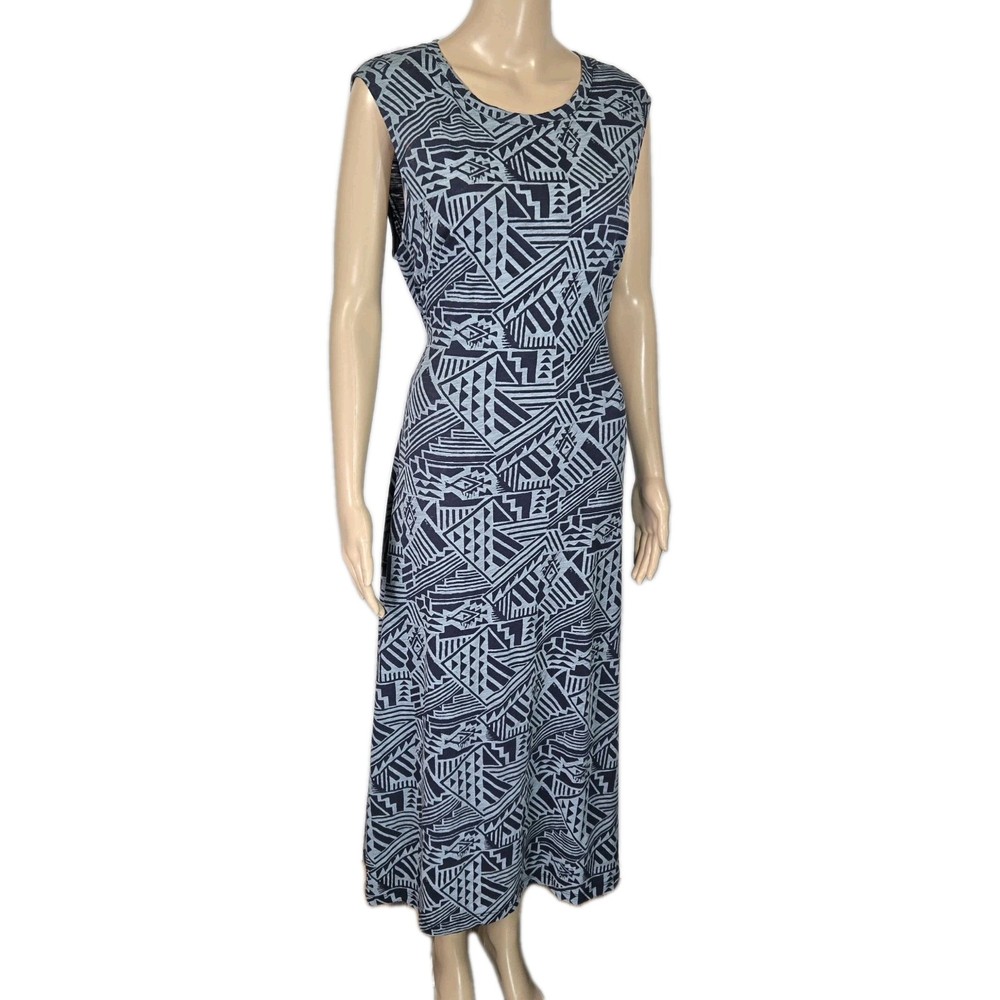 Peruvian Connection Avandra Midi Sleeveless Navy/Gray Geometric Dress, Sz L, EUC