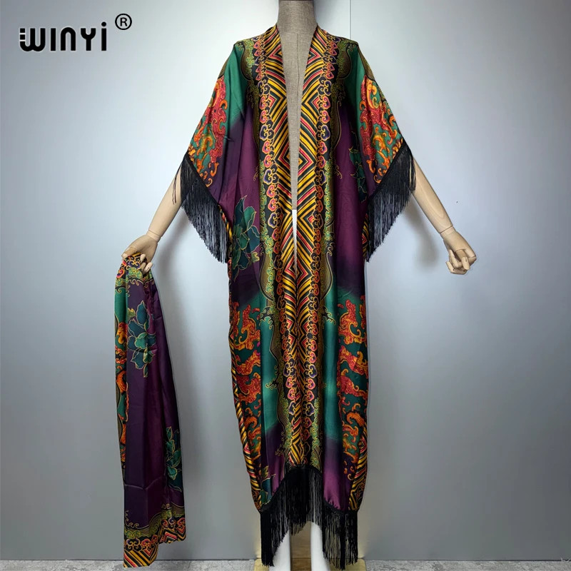 Boho Kimono Dress for Muslim Women Beachwear Tassel Detail Cardigan Style Holid
