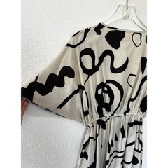 World Market Abstract Art Dress S/M Black Cream Drawstring Waist Boho