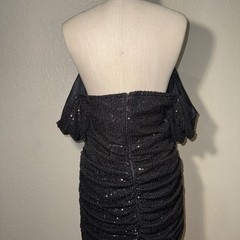 PrettyLittleThing Plus Black Sequin Off Shoulder Ruched Mini Dress NWT 14