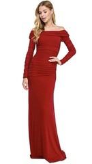 B Darlin Juniors&rsquo; Metallic Shirred Off-the-Shoulder Gown – Red/Silver
