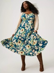 Torrid Midi Trapeze Dress Challis Turquoise Green Floral NWT New 1X