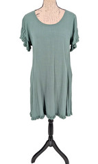 UMGEE Dress MEDIUM Teal 55% Linen 45% Cotton Fit & Flare Fringe Cuffs/Hemline
