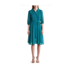 Nanette Lepore Womens Green Chiffon Midi Dress Elbow Sleeve Button Sz 14 New