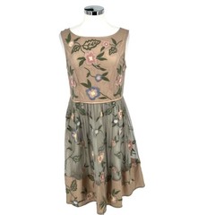Sundance Peony Floral Embroidered Sleeveless Dress Beige Green Pink Size 8