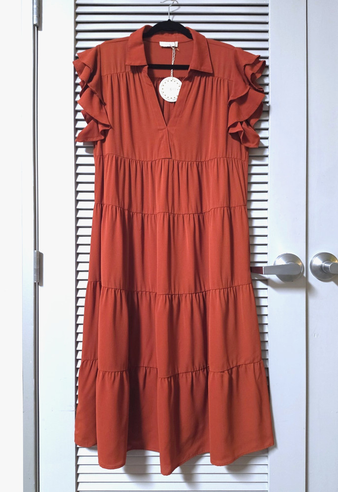 rust ruffle shoulder collar tiered long dress 2XL