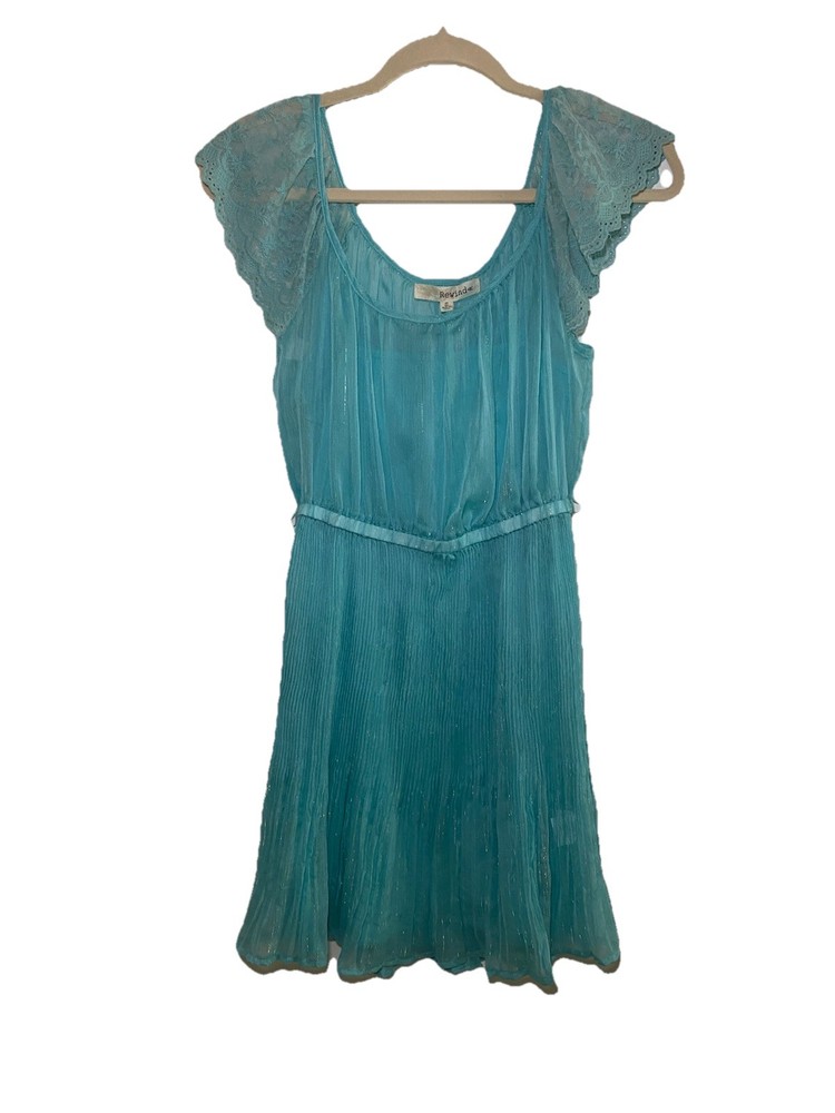 Rewind Brand Teal Shimmer Lace Flutter Sleeve Pleated Mini Dress Size Small NWT