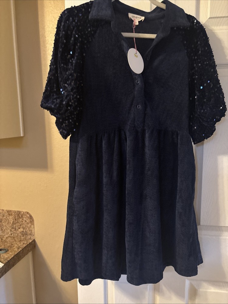 Umgee Dress Small Navy Sequin Sleeve (fall/ Winter) holiday/ AMAZING! NWT!