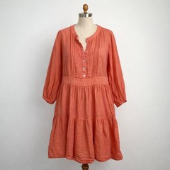 Finley Linen Pleated Button Front Tiered Midi Dress Coral Made in USA Size S