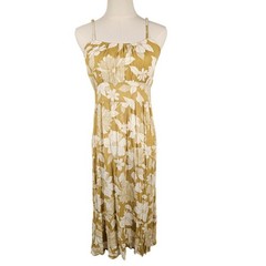 Billabong Womens Floral Crinkle Gauze Midi Dress Mustard Yellow Smocked Back L