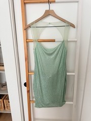 MESHKI Hot Fix Rhinestone Mini Dress Mint Green Mesh Open Back Bodycon NWT M