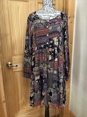 Papillon Patchwork Printed Dress Women’s XL Boho Artsy Blue Floral Style 15526