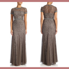 NEW $318 Adrianna Papell [ 8 ] Cap Sleeve Beaded Mesh Gown in Lead #M5