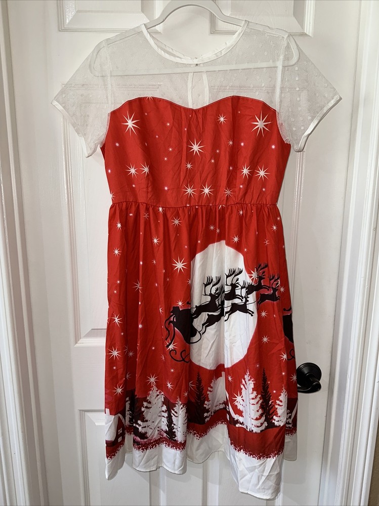 Women&rsquo;s Large Christmas Dress Novelty Santa Sleigh Red White Lace Top NEW #2
