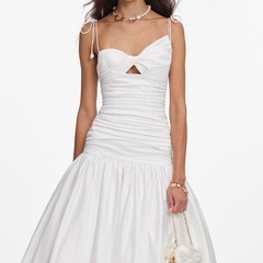 Self Portrait WHITE COTTON GATHERED MIDI DRESS