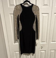 Xscape Women’s Black/Silver Beaded Long Sleeve Sheath Knee Dress | 4