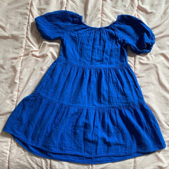 Old Navy Size S Royal Blue Tiered Puff Sleeve Cotton Gauze Mini Swing Dress