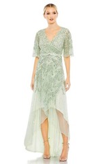 Mac Duggal Sage Green Sequined Butterfly Sleeve High Low Gown Size 16 $498