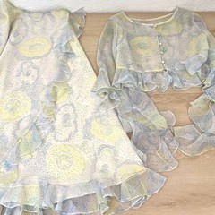 Vintage 2-piece Ruffle Chiffon White & Pastel Polka Dot Top & Warp Skirt Sz XS-S